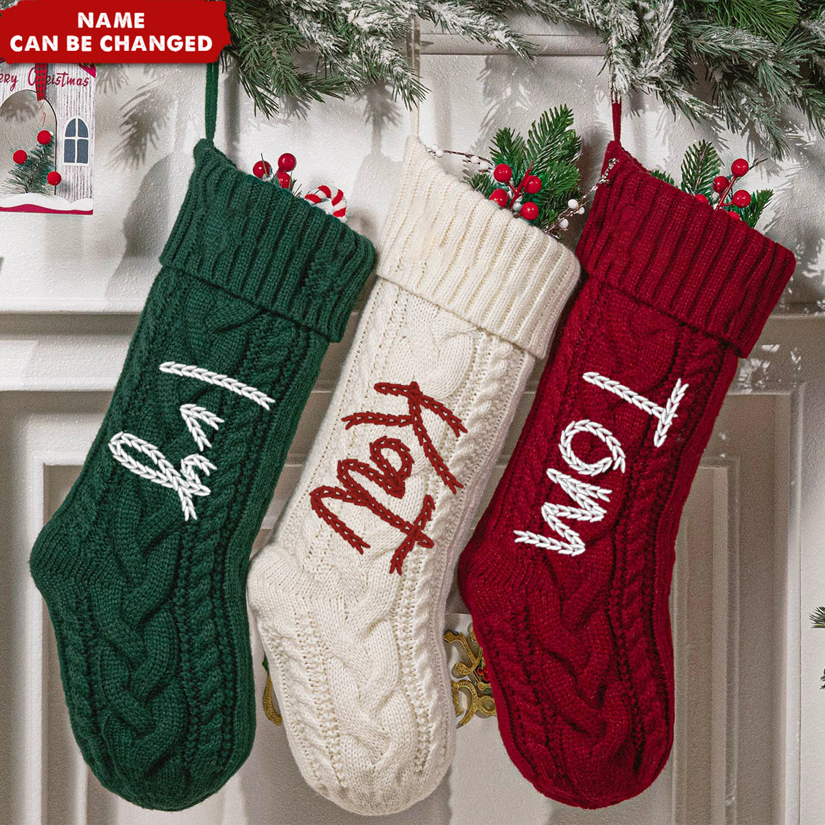 Personalized Christmas Stocking Holiday Greetings - Festive Cable Knit with Custom Name - Family Stocking Stuffer Gift