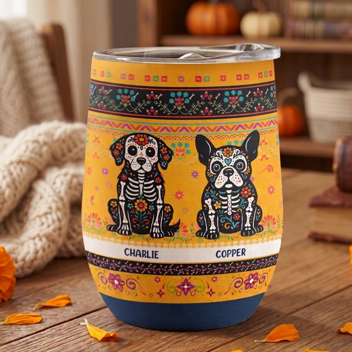 Personalized Name Dia De Los Muertos Eggshell Tumbler With Mexican Floral & Dead Dog Unique Gift for Dog Lovers