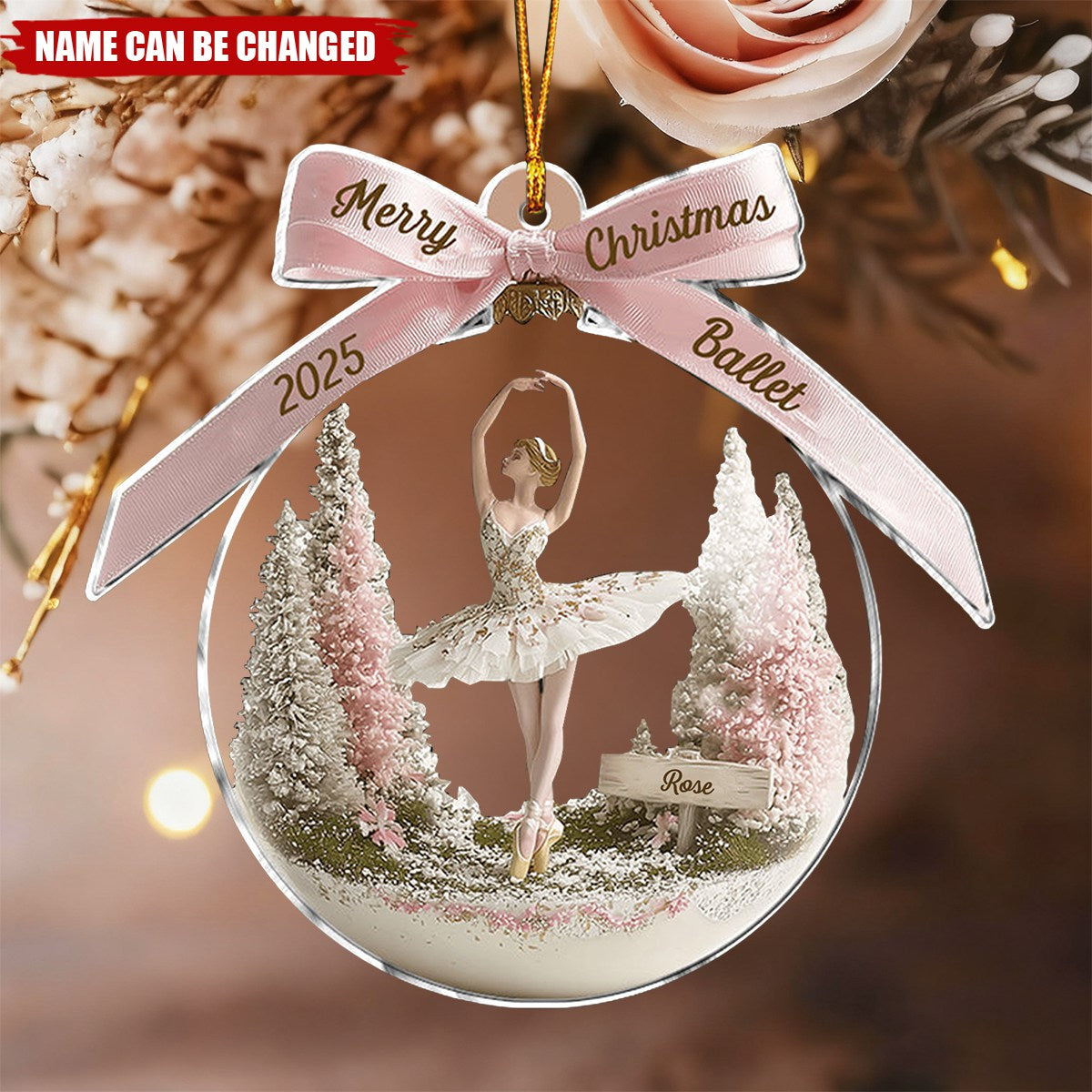 Personalized Awesome Ballet Ornament With Name on Fairy Pink Winter Scene Dreamy Christmas Gift For Ballerina & Ballet Lovers