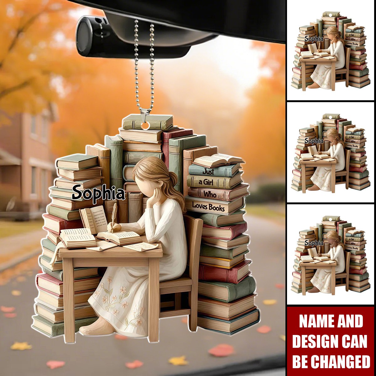 Personalized  3D Effect "Just A Girl Who Loves Books" Car Ornament With Name & Skin Tone | Creative Gift For Girl Book Lovers & Bibliophiles