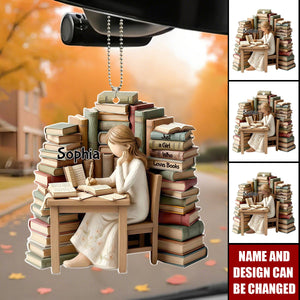 Personalized  3D Effect "Just A Girl Who Loves Books" Car Ornament With Name & Skin Tone | Creative Gift For Girl Book Lovers & Bibliophiles
