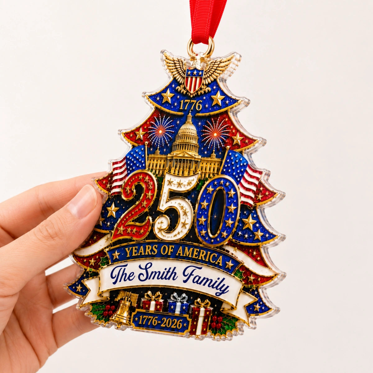 Personalized 250th America Christmas Ornament With Family Name | 2026 Patriotic Gift