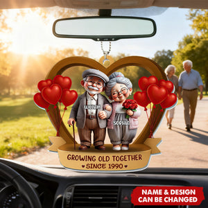 Personalized "Growing Old Together" Old Couple With Heart Balloons Ornament With Icon & Name - Anniversary Valentine's Day Gift For Couples