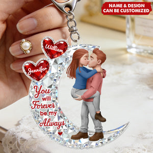 Personalized Glittery Moon & Heart Kissing Couple Keychain With Name & Icons - Valentine's Day Gift Relationship Keepsake For Him Her