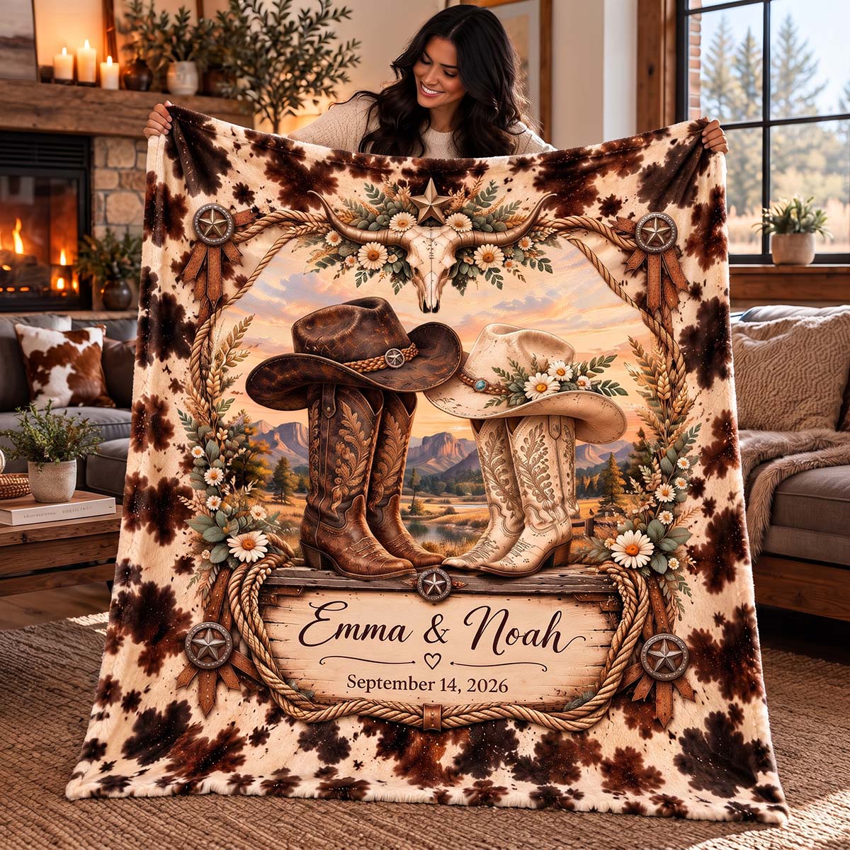 Personalized Western Cowboy Couple Blanket | Wedding Anniversary Gift For Country Couple