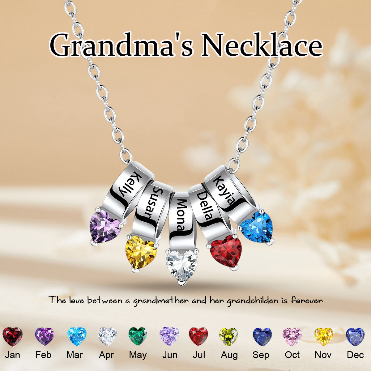 Personalized 1-5 Names Heart Birthstone Necklace for Women for Grandma for Her