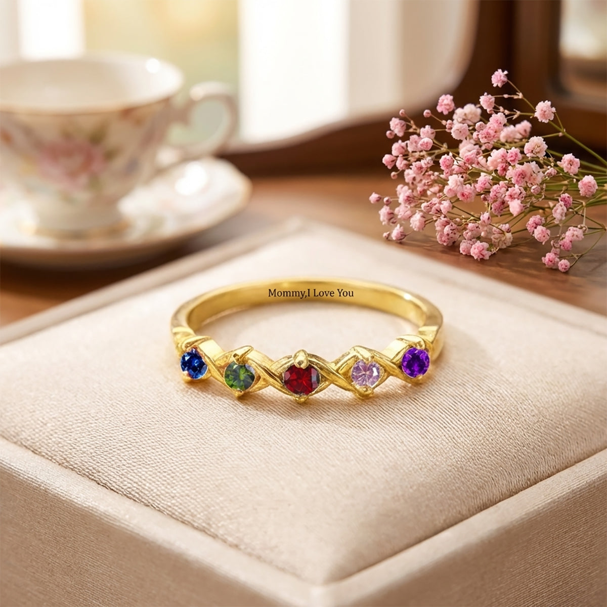 Personalized Mom's Birthstone Ring With Text | Ideal Mother's Day Family Keepsake For Mom Grandma And Loved One