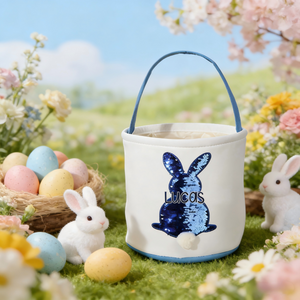 Personalized Canvas Easter Basket Bucket Bag with Bunny Design & Name | Baby First Easter Large Capacity Holiday Treat Bag Egg Hunt Bag For Kids