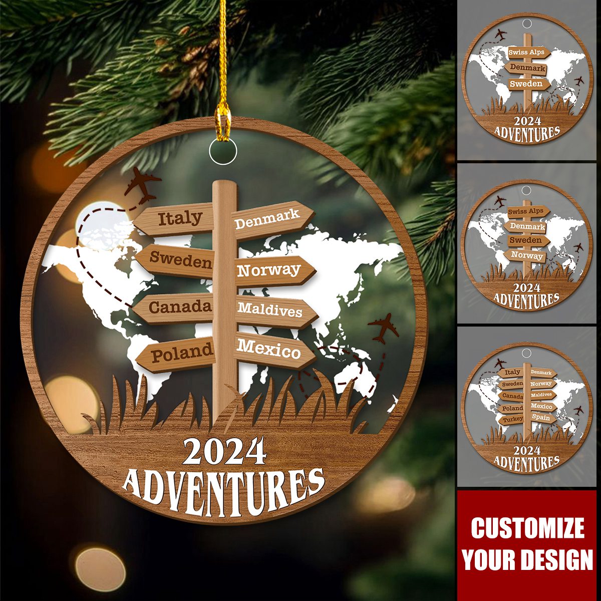 Personalized Travel Adventure Ornament - Custom Map Christmas Gift For Travelers | Global Destinations Keepsake