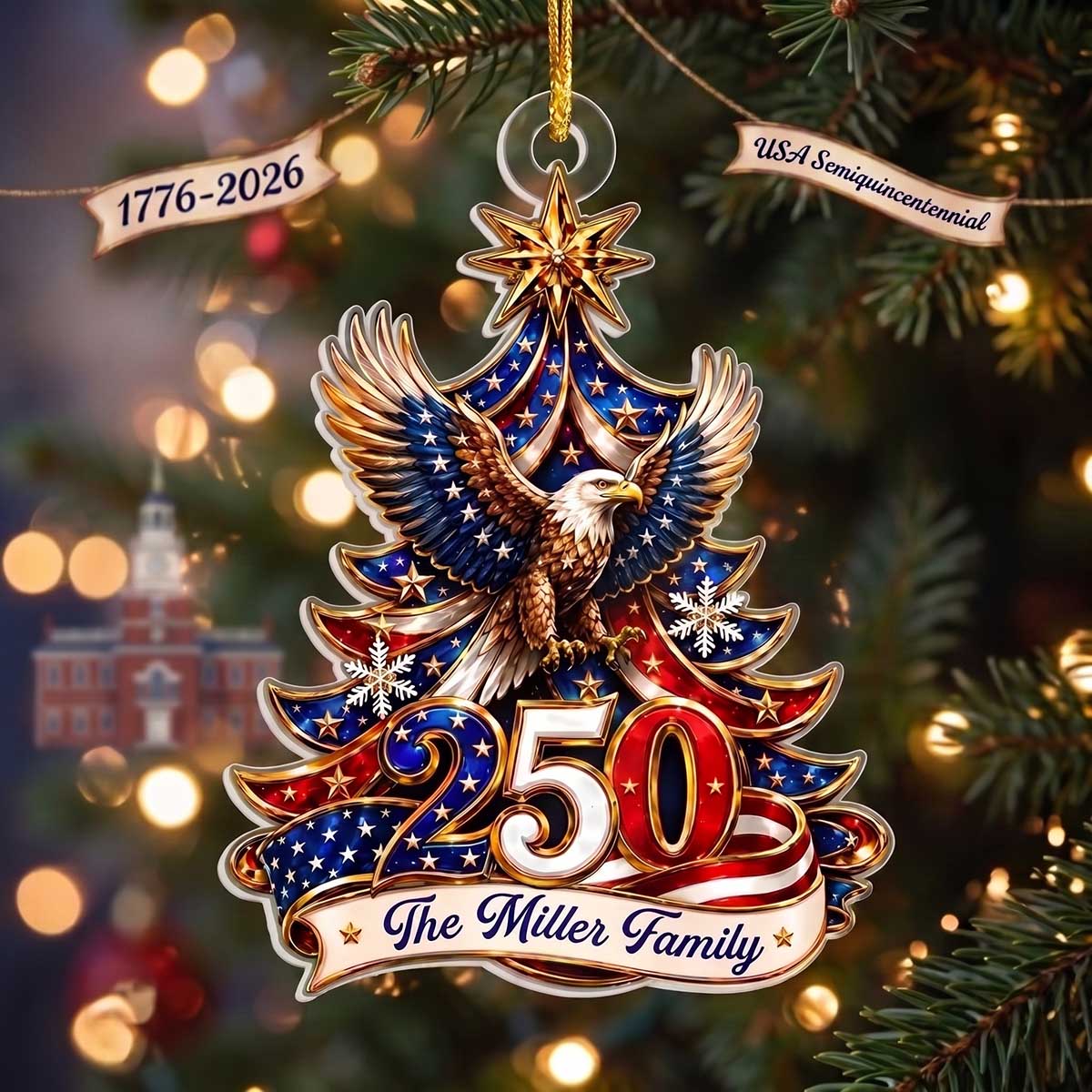 Personalized 250 American Eagle Flag Christmas Tree Ornament | Keepsake Gift For Family & Veterans