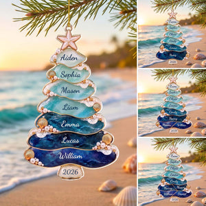 Personalized Sea Glass Family Christmas Tree Acrylic Ornament | Coastal Christmas Gift For Family