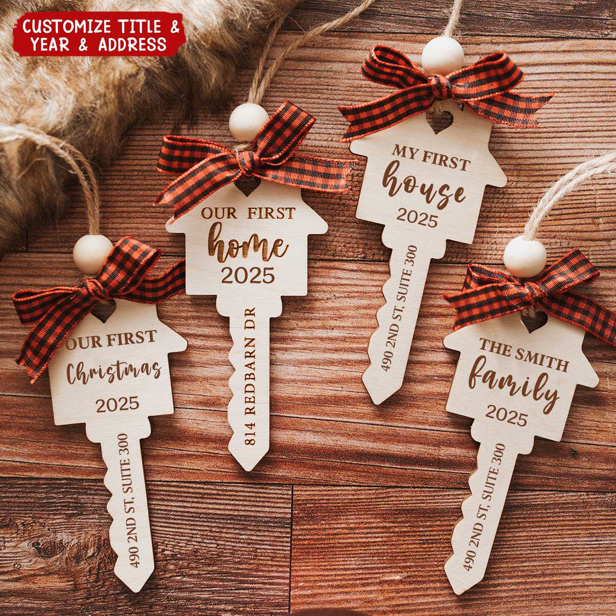 Our First Home Christmas Wooden Engraved Key Ornament - House Warming Gift