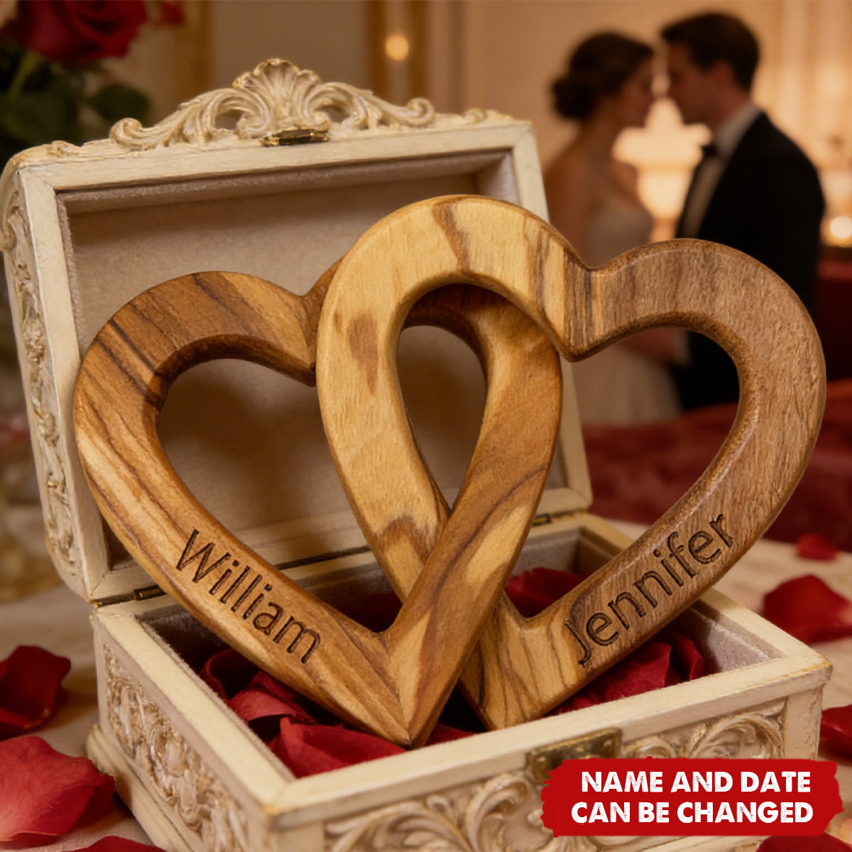 Personalized Wood Interlocking Heart Sculpture With Names & Date | Romantic "Infinite Love" Wedding Valentime's Day Gift For Couples & Newlyweds