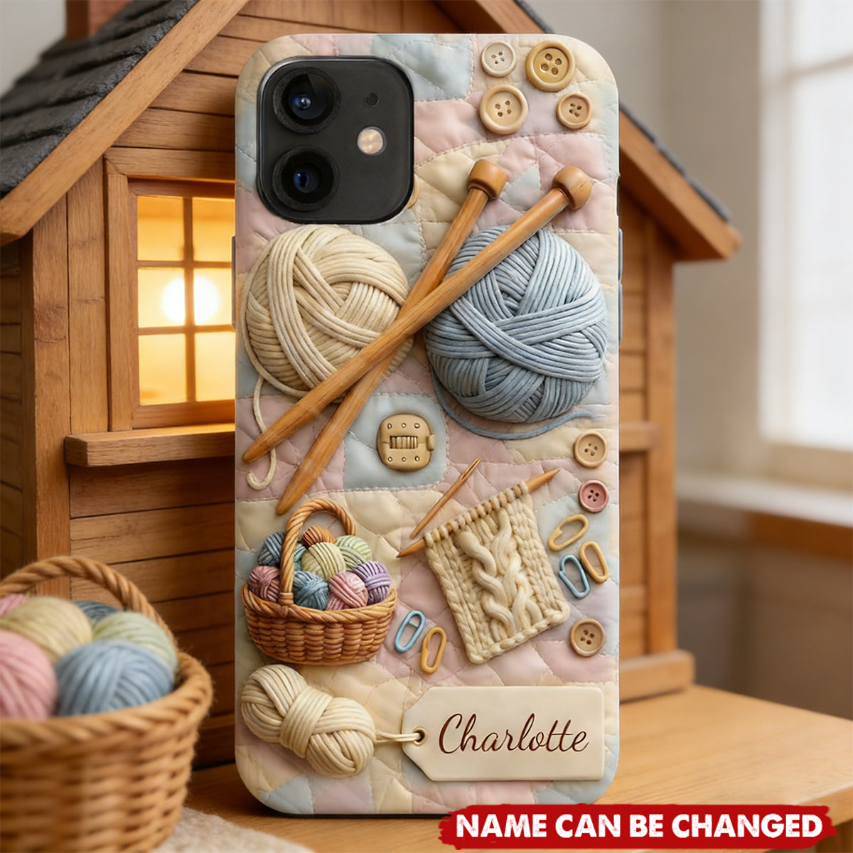 Personalized Knitting & Crochet Pattern Sewing Phone Case With Name & Yarn Ball Design - Creative Mother's Day Gift For Grandma Mom