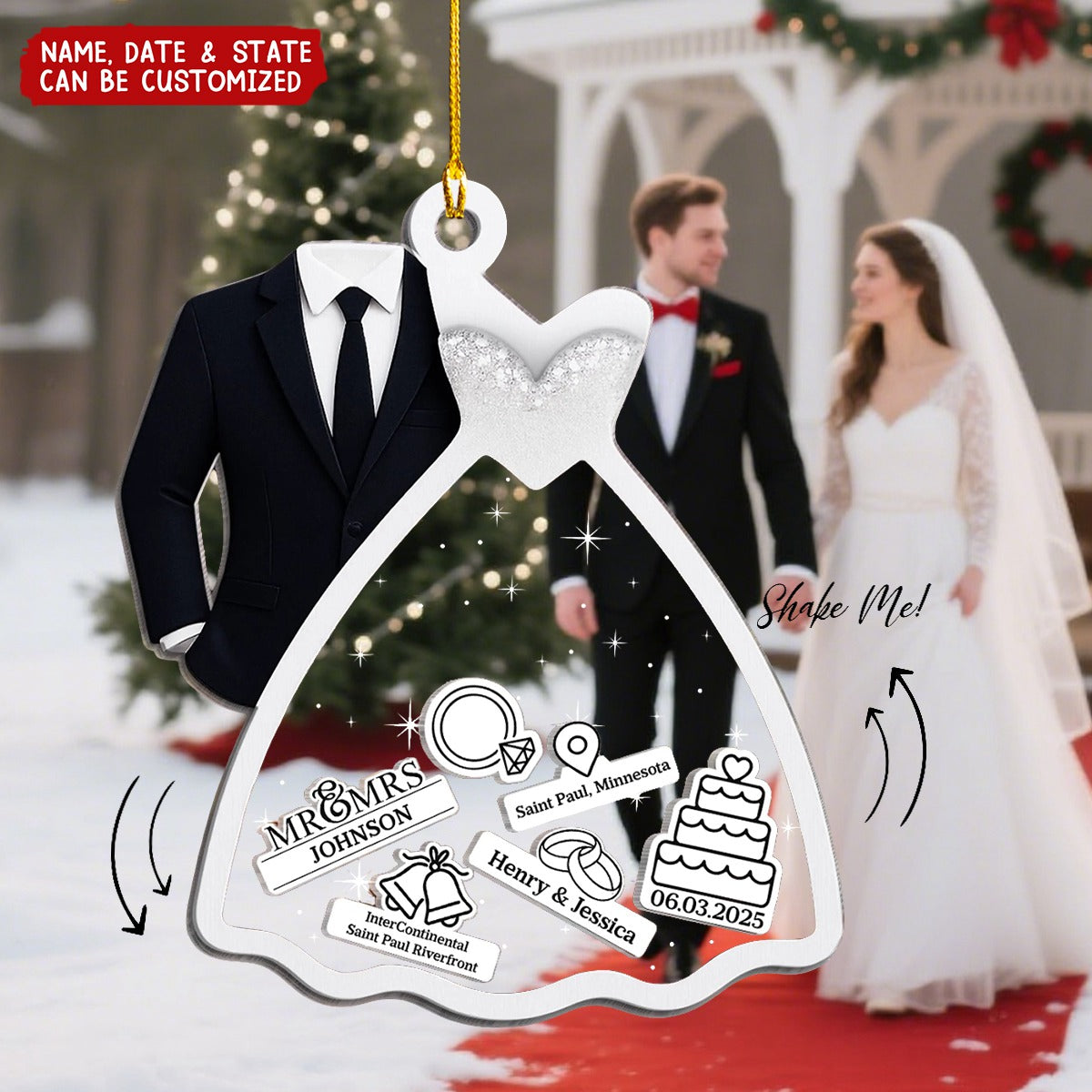 Personalized Wedding Dress & Suit Shaker Ornament With Name,Date & State | Anniversary Christmas Wedding Gifts For Couple & Newlyweds