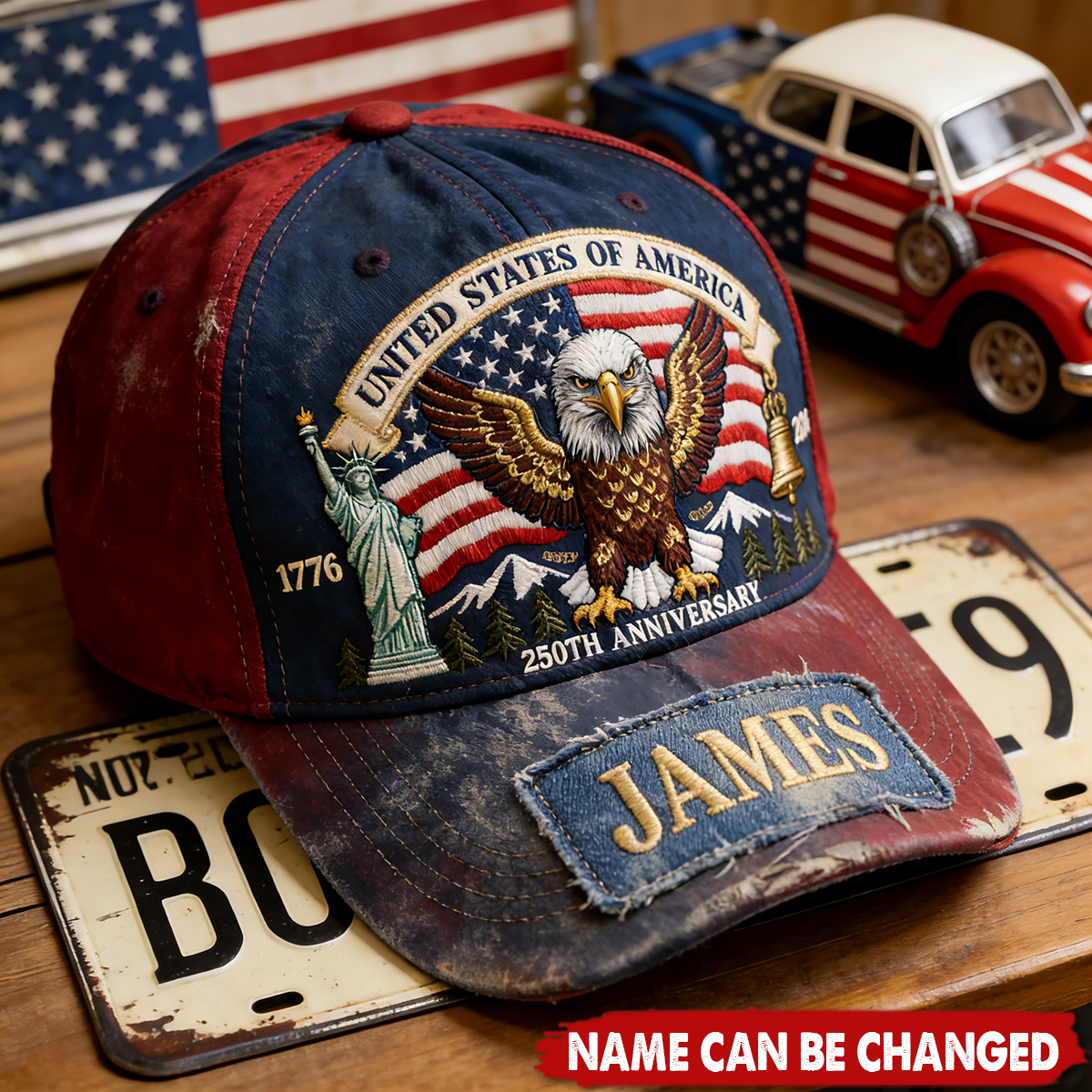 Customized Vintage Embroidery USA 250th Anniversary Eagle Distressed Baseball Hat With Name - Unique Independence Day 2026 Keepsake For Men