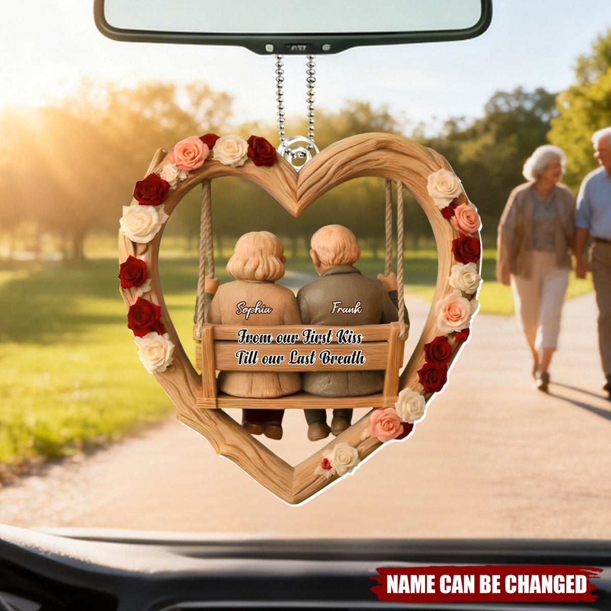 Personalized 3D Effect "First Kiss Till Our Last Breath" Car Ornament With Names | Romantic Anniversary Valentine's Day Gift For Husband Wife Couples