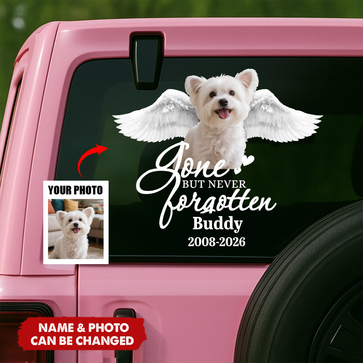 Personalized Full Color Pet Angel Wings Car Window Decal With Photo & Name & Year - Sympathy Keepsake Memorial Gift For Dog And Cat Parents