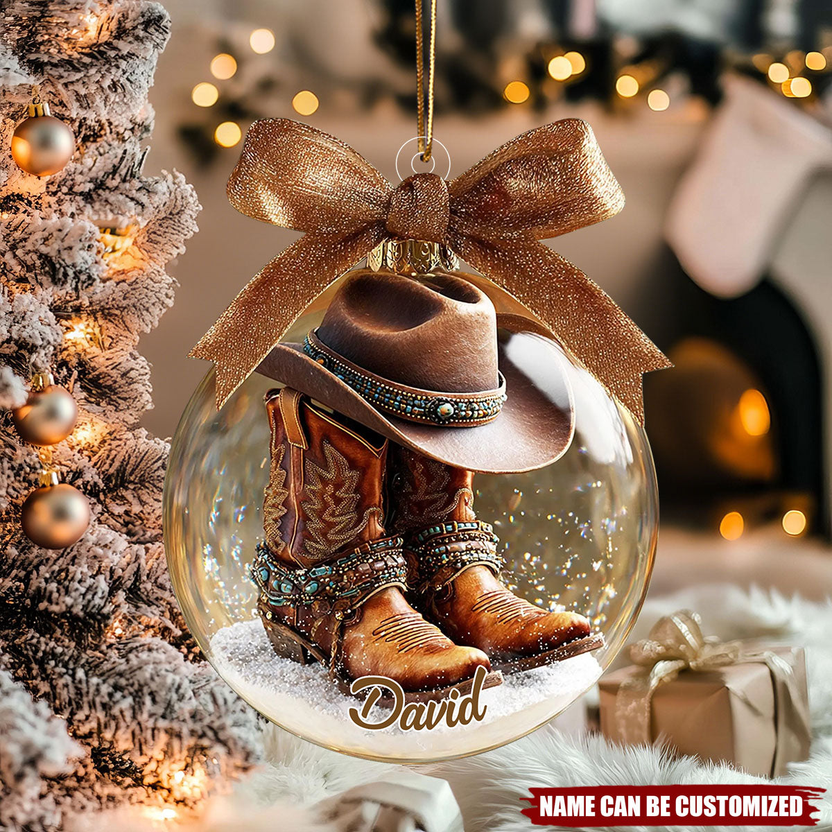 Personalized Western Style Brown Cowboy Boots Ornament With Name Hat & Bow Western Cowboy Passion Gifts For Him Her