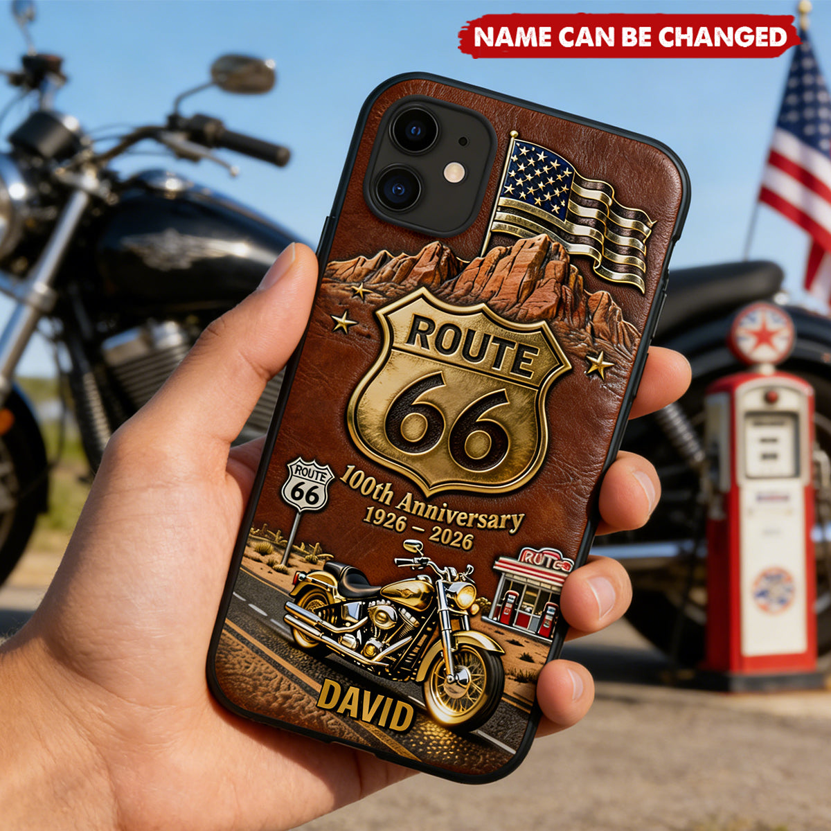 Personalized Route 66 Vintage Motorcycle 100th Anniversary Phone Case With Name - 2026 Biker Centennial Gift For Motorcyclists