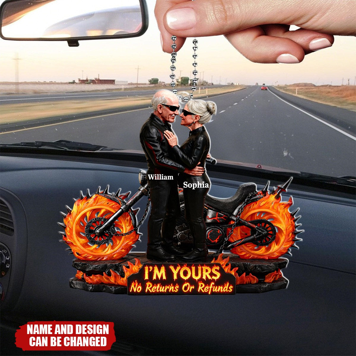 Personalized Flaming Wheels Biker Couple Car Ornament With Names & Design | Unique Anniversary Valentine's Day Gift For Motorcycle Lovers Couples