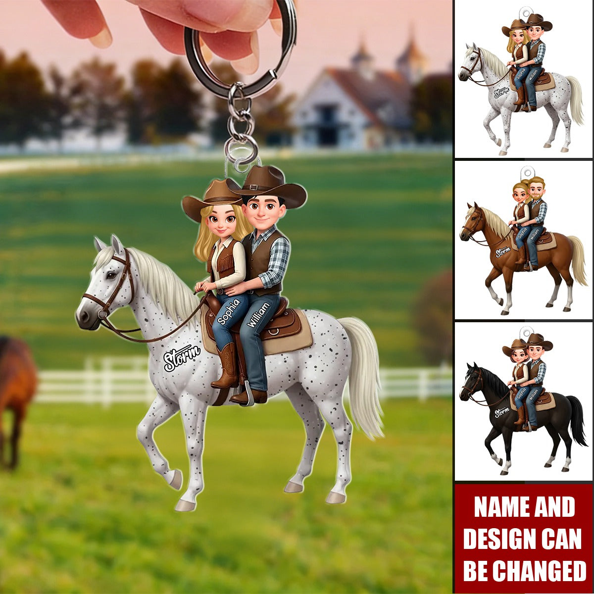 Personalized 3D Effect Western Theme Couple Horse Riding Keyring With Names & Horse Name - Birthday Valentine's Gift For Cowboy Cowgirl