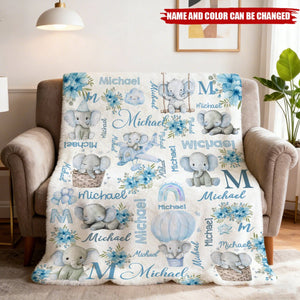 Personalized Ultra-Soft Elephant Illustrations Fleece Nap Blanket With Name & Color - Birthday Keepsake Newborn Shower Gift For Baby