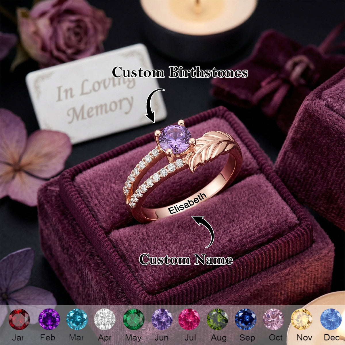 Personalized "Forever in Our Hearts" Feather Birthstone Ring With Name | Romantic Gift For Girlfriend Wife
