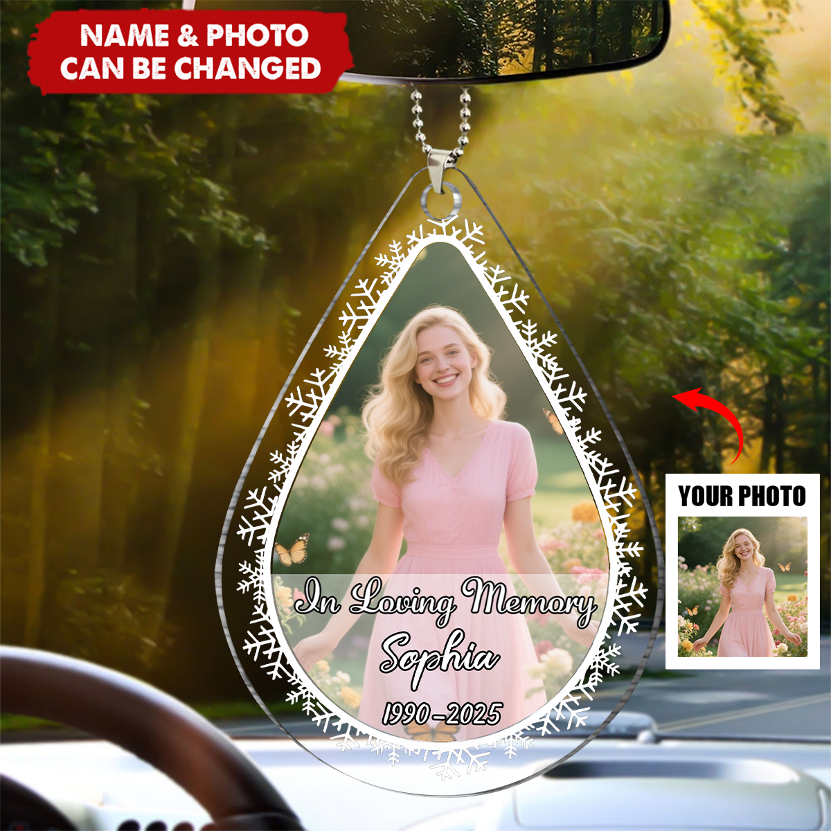 Personalized Teardrop Shape Car Acrylic Ornament With Passed Away Picture & Text & Name - Sympathy Memory Gift For Loss Of Loved One