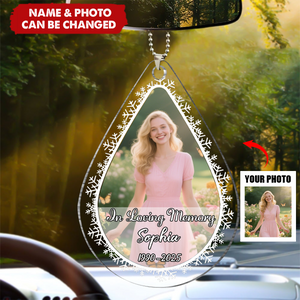 Personalized Teardrop Shape Car Acrylic Ornament With Passed Away Picture & Text & Name - Sympathy Memory Gift For Loss Of Loved One