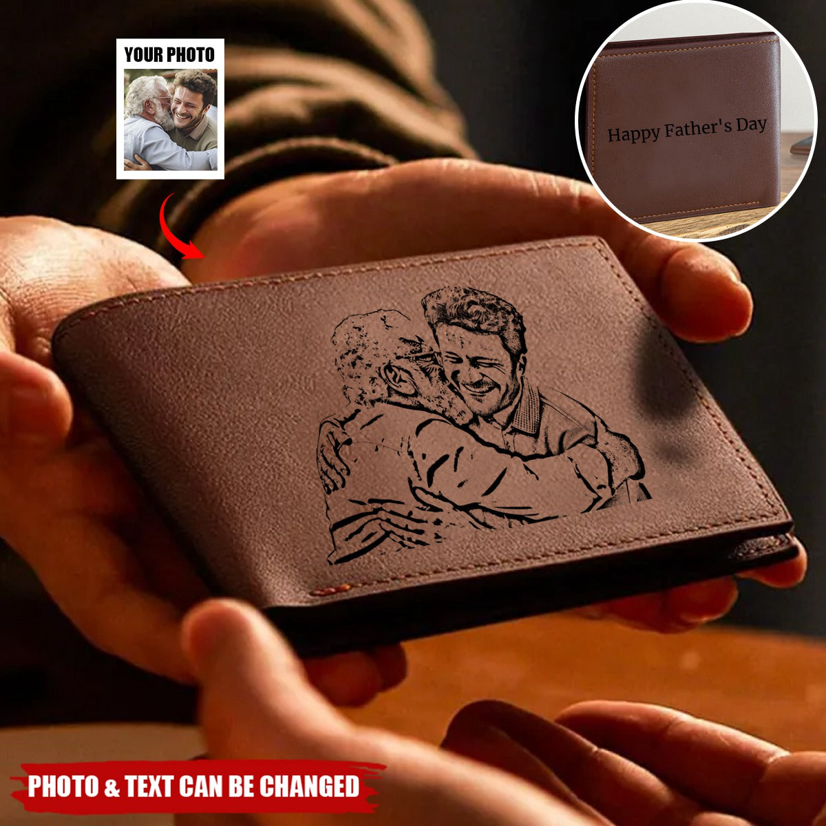 Personalized Photo Trifold Zipper Engraved Wallet For Men Father's Day Gift
