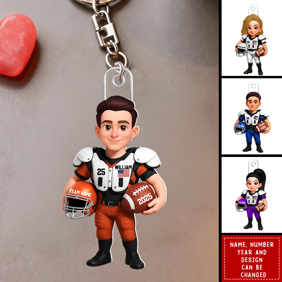 Personalized 3D Effect Proud American Football Player Keychain With Names & Design & Number & Year | Meaningful Birthday Gift For Girls Boys Athletes