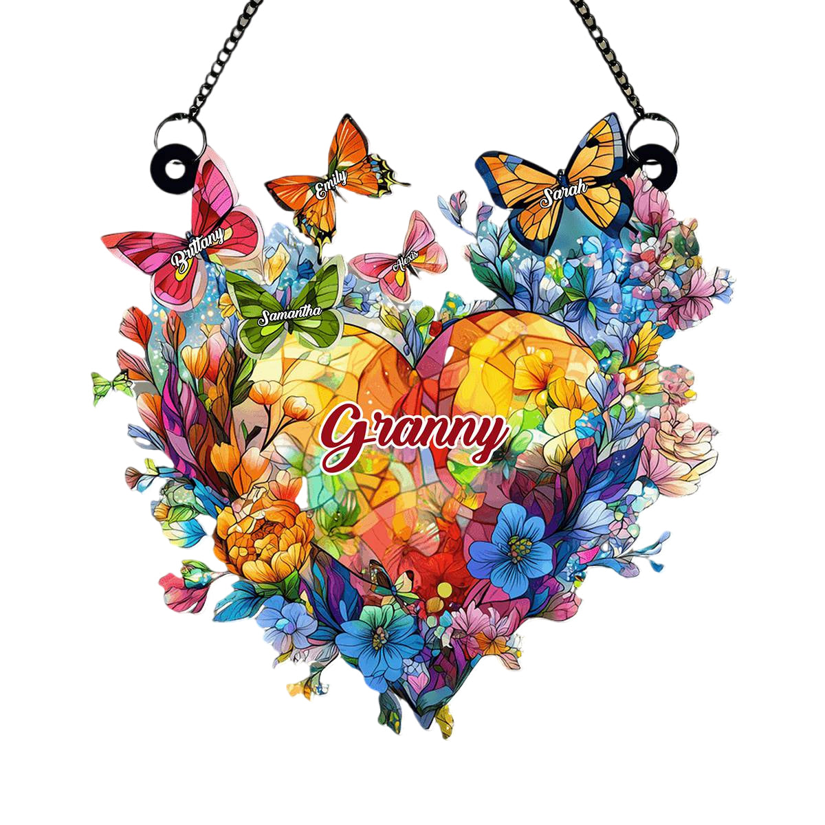 Grandma Mom Flower Heart And Butterflies - Personalized Window Hanging Suncatcher Ornament