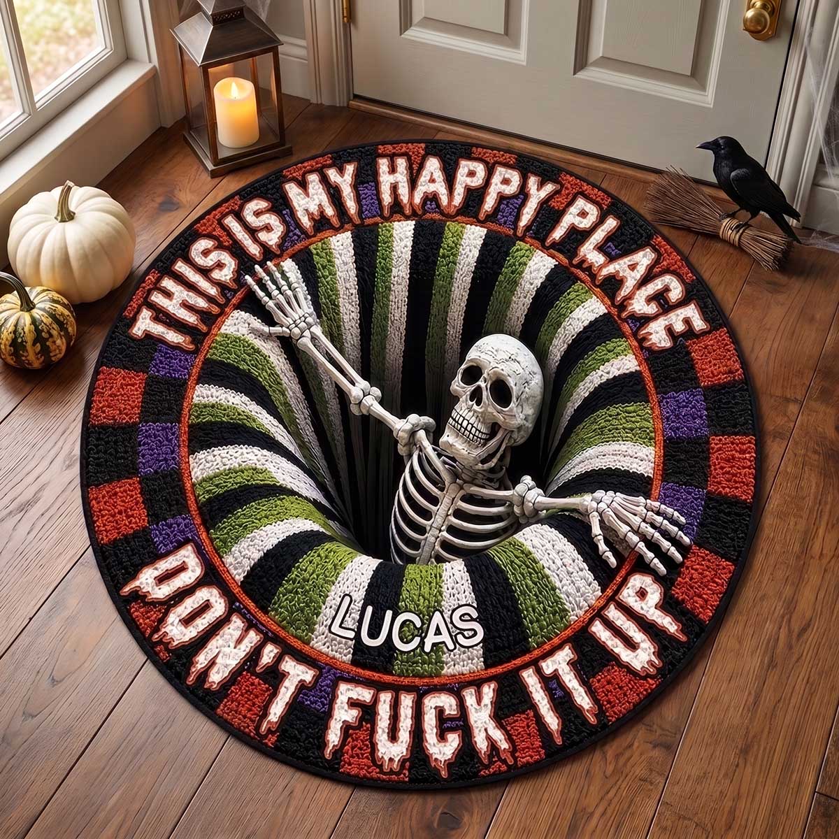 Personalized Halloween Skeleton Doormat With "This Is Our Happy Place" | 3D Effect Home Decor For Gothic Lovers