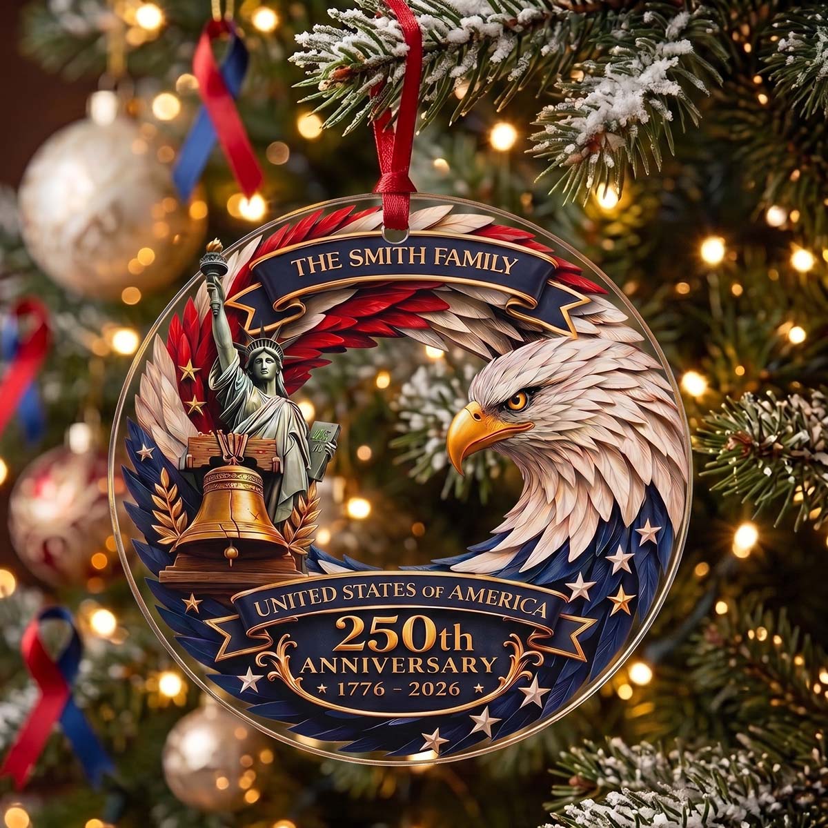 Personalized USA 250th Anniversary Eagle Ornament | Patriotic Family Christmas Gift