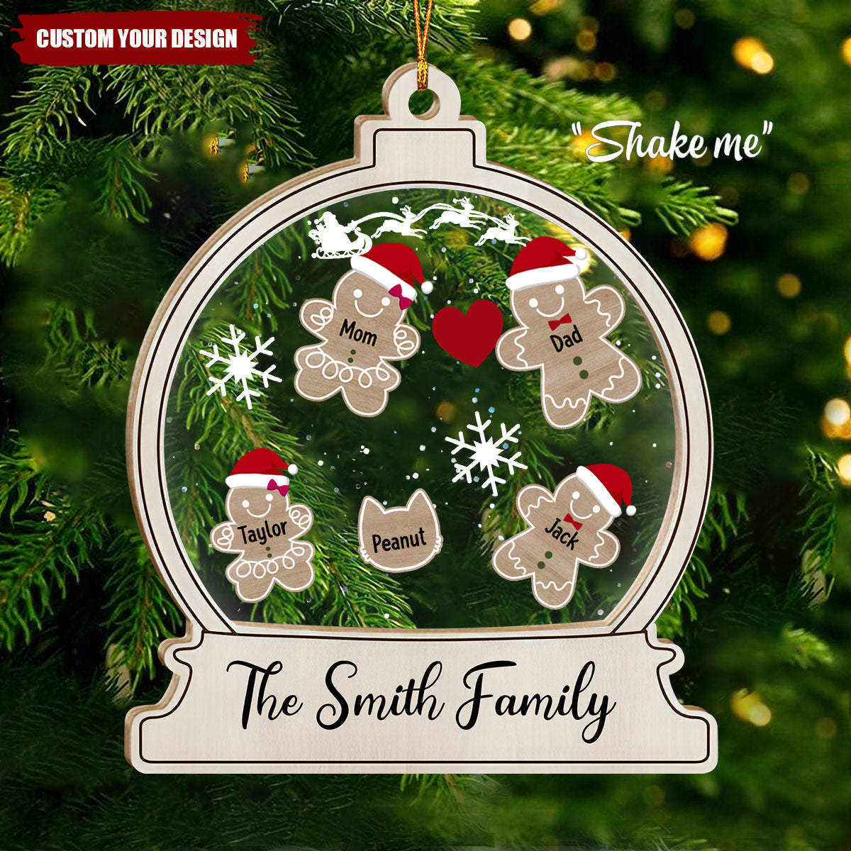 Personalized Gingerbread Hat Family Shaker Ornament With 1-6 Names & Year Sweet Christmas Gift For Family & Friends
