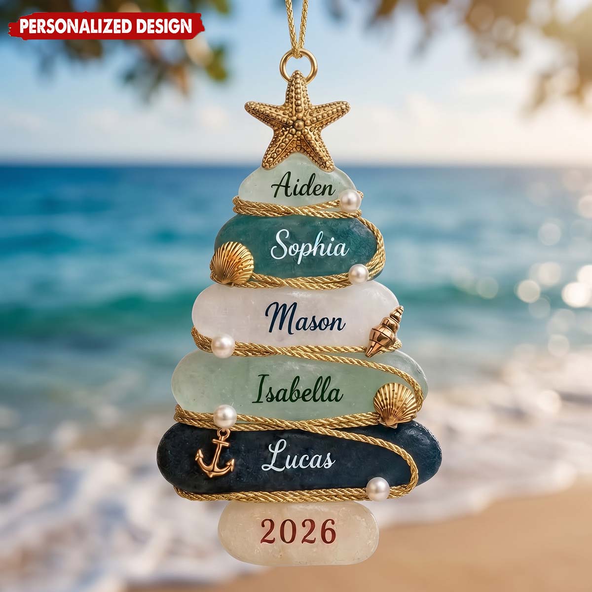 Personalized Sea Glass Tree 2026 Acrylic Ornament - Custom Coastal Family Christmas Gift