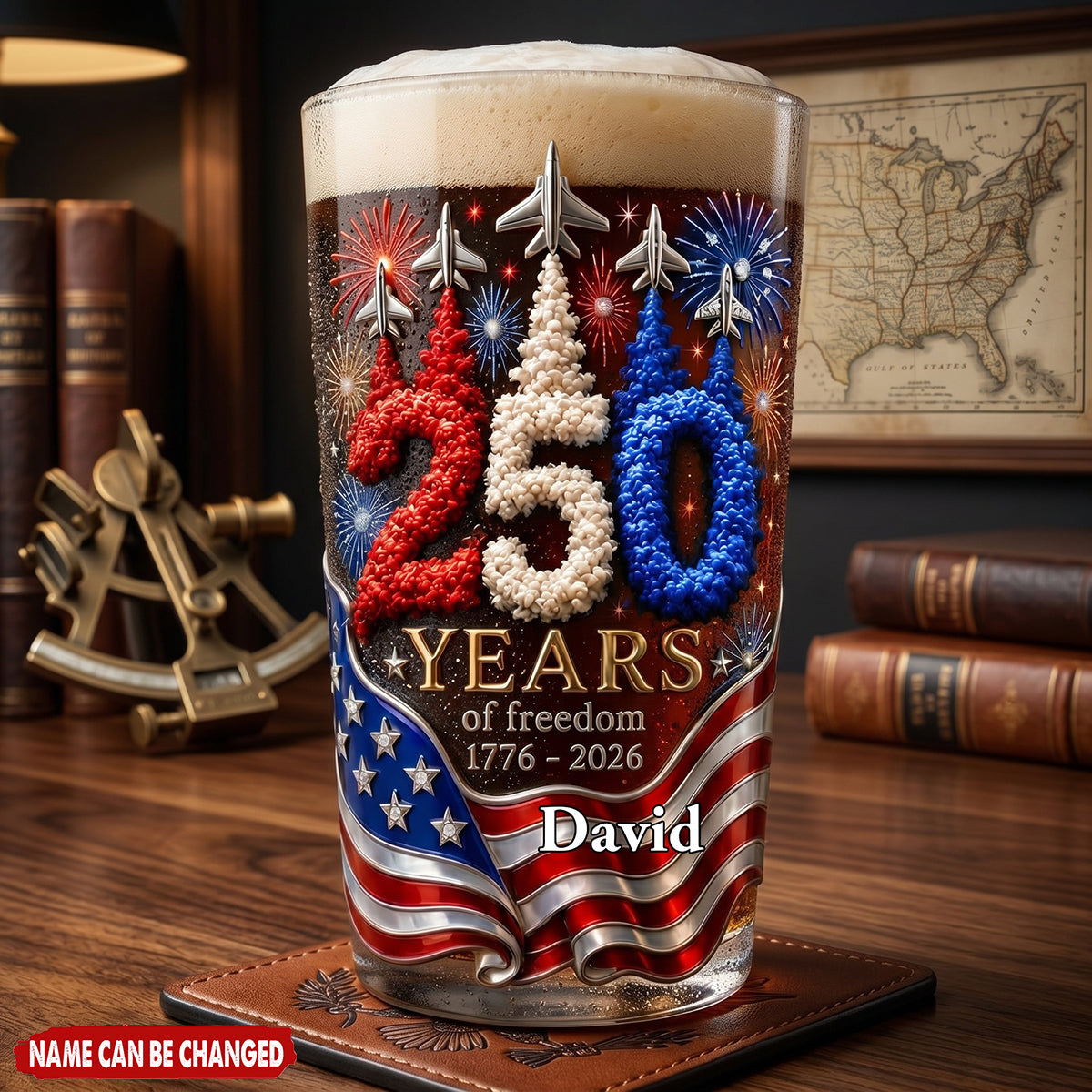 Personalized Patriotic 250th US Independence Day Beer Glass