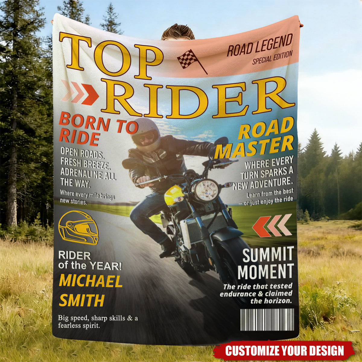 Personalized "Top Rider" Magazine Cover Throw Blanket With Photo & Name - Father's Day Birthday Gift For Motorcycle Rider