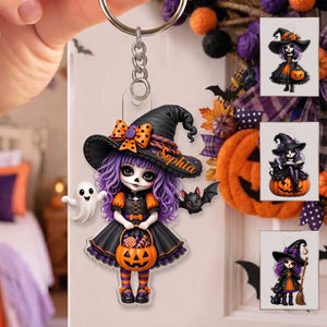 Personalized Skeleton Little Witch Acrylic Keychain | Unique Halloween Gift For Girls