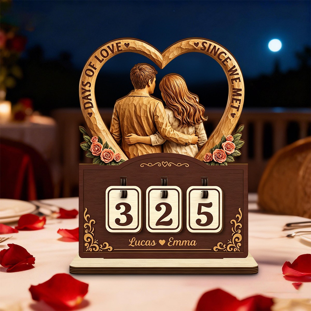 Personalized Names Love Days Tracker Wood Sign With Couple Rose Graphic For Anniversary Gift