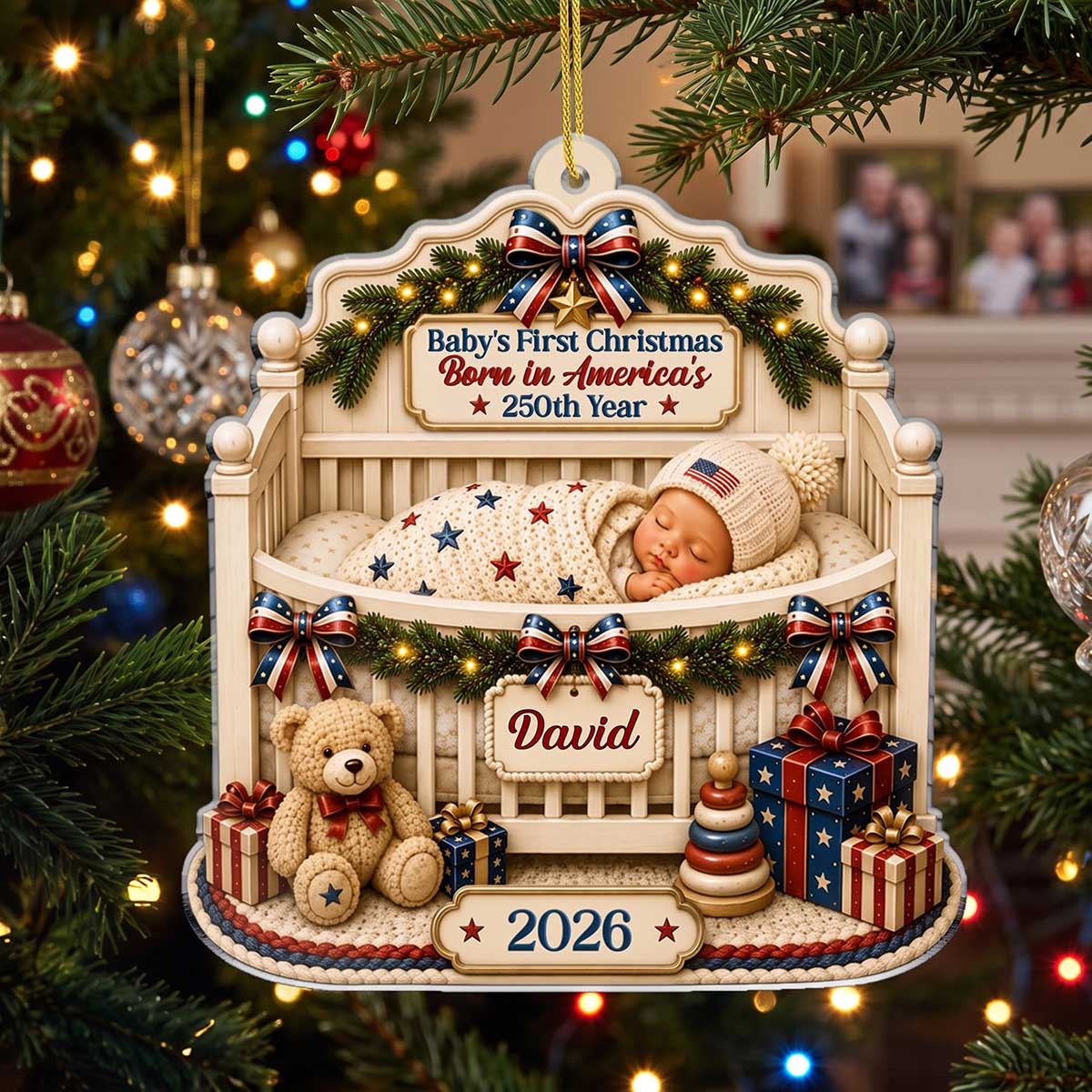 Personalized Baby’s First Christmas Born in America’s 250th Crib Acrylic Ornament - Gift For Family