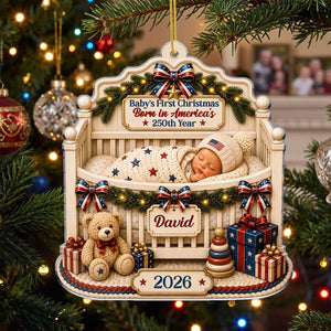 Personalized Baby’s First Christmas Born in America’s 250th Crib Acrylic Ornament - Gift For Family