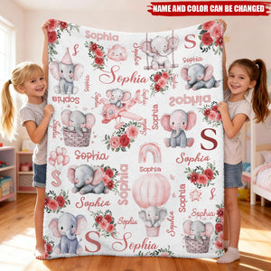 Personalized Ultra-Soft Elephant Illustrations Fleece Nap Blanket With Name & Color - Birthday Keepsake Newborn Shower Gift For Baby