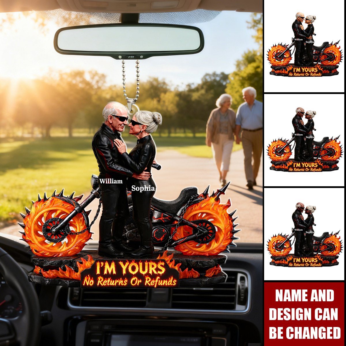 Personalized Flaming Wheels Biker Couple Car Ornament With Names & Design | Unique Anniversary Valentine's Day Gift For Motorcycle Lovers Couples