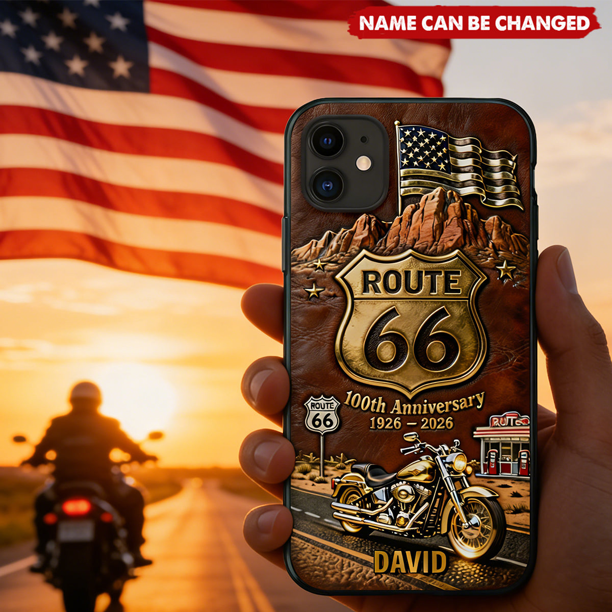 Personalized Route 66 Vintage Motorcycle 100th Anniversary Phone Case With Name - 2026 Biker Centennial Gift For Motorcyclists
