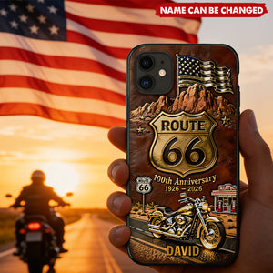Personalized Route 66 Vintage Motorcycle 100th Anniversary Phone Case With Name - 2026 Biker Centennial Gift For Motorcyclists
