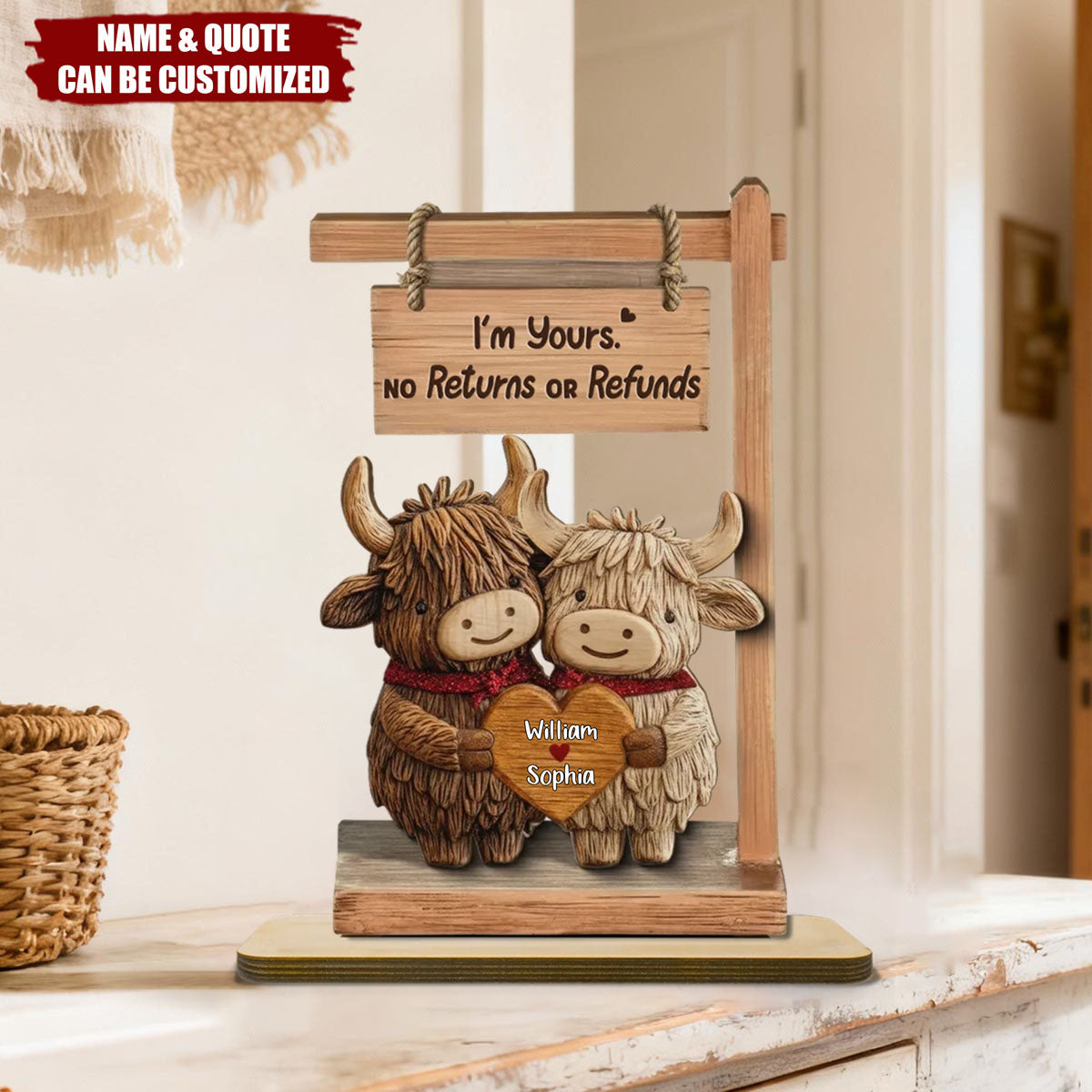 Personalized 2-Layered Wooden Highland Cow Plaque Couple With Names & Quote | Romantic Valentine's Day Gift For Couples & Soulmates