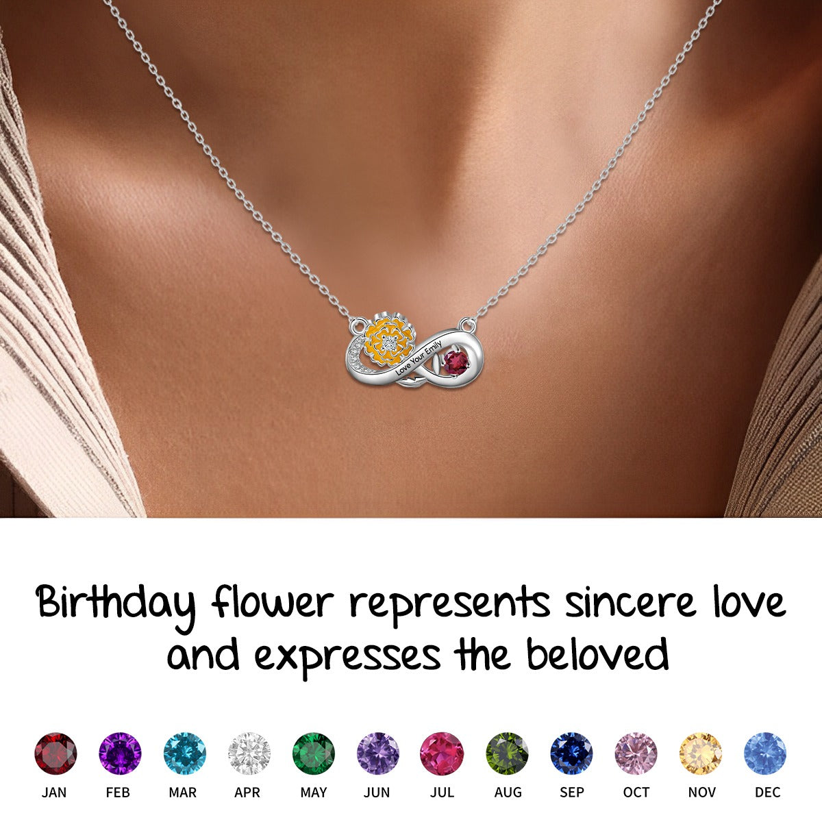 Personalised Month Birthflower Necklace With Birthstone,Mother's Day Gift