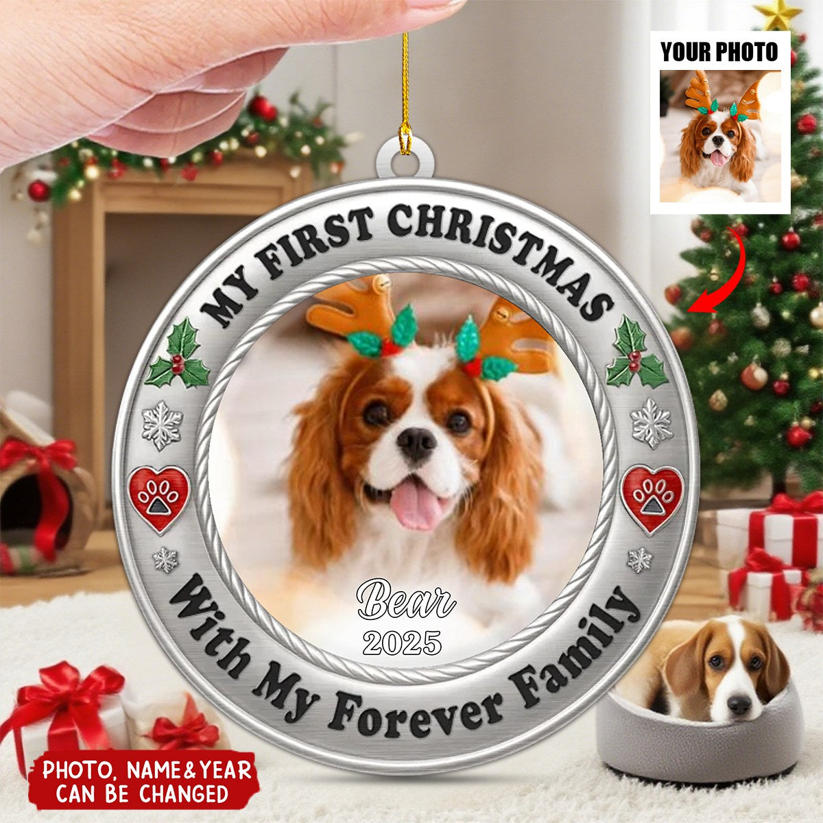 Personalized Pet Photo Metal Ornament With Name & Year,Perfect Christmas Birthday Gifts For Dog Cat Lovers